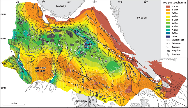 Click to Enlarge View Fig. 2 Top pre-Zechstein map of the main structural elements onshore and offshore Denmark, including highs, basins and main faults. The elements include the Norwegian–Danish Basin, the eastern part of which is named the Danish Basin, the Sorgenfrei–Tornquist Zone, the Skagerrak–Kattegat Platform, the Ringkøbing–Fyn High and the northern part of the North German Basin. Modified from Vejbæk (1997).