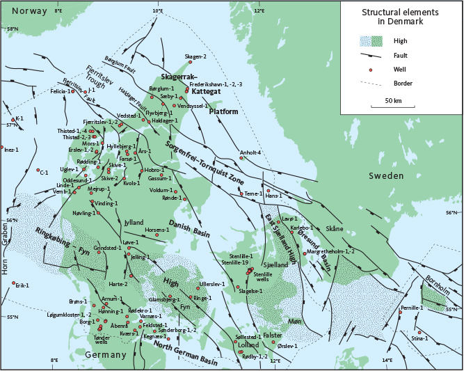 Click to Enlarge View Fig. 4 Locations of Danish wells (red circles) and outlines of regional structural elements, including structural highs, basins, fault zones and faults. Modified from Nielsen (2003).