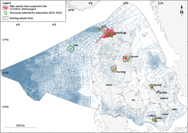 Click to Enlarge View Fig. 5 Locations of the new seismic lines (red) acquired in 2022 and 2023, and outlines (green) of the structures that were mapped as part of this project (CCS2022–2024). Older seismic lines are shown in blue.