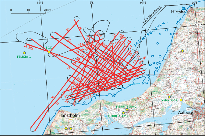 Click to Enlarge View Fig. 9 Topographic map with the location of the acquired seismic lines of the GEUS23-JB survey (red lines). Yellow circles indicate the positions of wells, the black line marks the track of the acquisition vessel Jákup Sverri, blue lines indicate the 10 m depth contour.