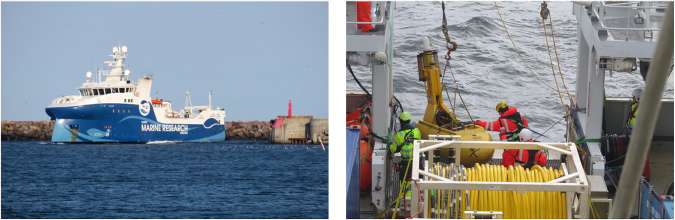 Click to Enlarge View Fig. 10 Photographs from the Jammerbugt seismic acquisition. (a) The Faroese research vessel Jákup Sverri about to leave Hirtshals harbour (northern Jylland) for the seismic acquisition. (b) Deployment of the streamer tail buoy. In the foreground, one of the two winches with the solid-state streamer cable (Sercel Sentinel SSRD; yellow cable). Photographs: Thomas Funck.