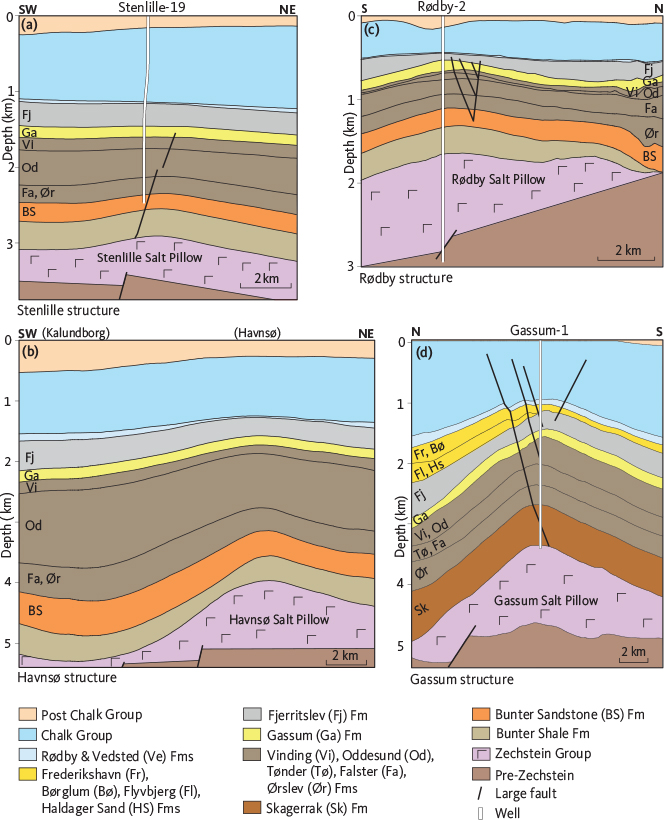 Click to Enlarge View Fig. 12 Simplified geological cross sections through the eight structures investigated in this study. The approximate locations of the largest faults are shown. The primary reservoir formation is the Gassum Fm for all structures except for the Rødby structure (c), where it the primary reservoir formation is the Bunter Sandstone Fm. (a) Stenlille structure. (b) Havnsø structure. (c) Rødby structure. (d) Gassum structure. (e) Thorning structure. (f) Jammerbugt structure. (g) Lisa structure. (h) Inez structure. Note that the sections have different vertical and horizontal scales.