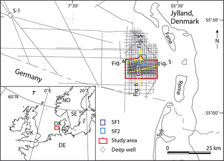 Location in the south-east Danish North Sea of the Fanø Bugt Glaciotectonic Complex and the seismic lines used for interpretation. The 10 × 20 km2 study area is marked with a red rectangle. Locations of the two structural frameworks SF1 and SF2 are marked with purple and blue rectangles, respectively. Locations of seismic lines shown in Figs 3–6 are outlined in yellow.