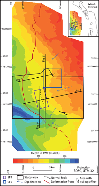 A two-way time-contour map of the basal décollement surface and its continuation beyond the western limit of LTFL deformation. The deformation front shows that the maximal western extent of the Fanø Bugt Glaciotectonic Complex is situated in the study area. The contour curves of the surface show a marked change in dip and dip direction at the border of the study area (see Section 4.4 for further details). A pull-up of the surface below the basin of SF1 is marked with a black dashed line. Locations of SF1 and SF2 are shown. A small normal fault and a depression of the surface are seen in the southern part of the study area. Seismic sections shown in Figs 3–6 are marked with black lines.