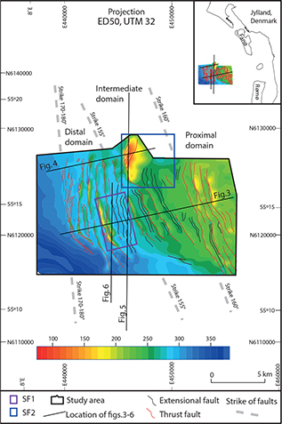 A structural two-way time (TWT) contour map showing the strike of the main structures at the level of an internal reflection in LTFL and ITFL (green reflector on Figs 3–6). To enhance the overview, the map only shows the larger faults. Thrust faults are marked with red, and normal faults are marked with black lines. The change of strike of faults reveals different structural domains. In the eastern proximal domain, the faults strike 160°, in the intermediate domain, the strike of faults is 155° and in the western distal domain, the strike is 170°–180°. The three structural domains are showing different structural styles (see Section 4.5 and Fig. 3). The trend of the faults is turning in the southern part of the area from west south-west to south-west following the same depression in the surface as is seen in the basal décollement surface (Fig. 7). In the area of SF2, the mapped reflector is elevated c 100 ms (c 90 m) on a huge frontal ramp and flat and display the structural trend of ITFL. The remaining parts of the map show the structural trend of LTFL. The structural trend of ITFL is towards the north-west, hence different to the general structural trend of LTFL, which is towards the west south-west. SF1 displays two huge hanging wall anticlines in front of an extensional basin/depression. The location of SF1 and SF2 is market with rectangles. The seismic sections shown in Figs 3–6 are marked with black lines.