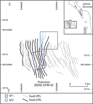 Map comparing the trends of the faults of the UTFL (black) compared with those of the LTFL (grey), see Section 4.7. The structural trend of the UTFL generally follows that of the LTFL in a smooth manner, for example, across SF2, and the structures of the UTFL connect the two fault directions of LTFL and ITFL in smoothly curving faults. In the south, the bending faults in the LTFL seem to affect the trend of the UTFL much more gently.