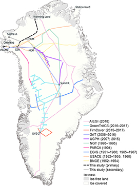 Fig. 1 Overview placing the traverse route assessed in this study in the context of past traverses on the Greenland ice sheet. Past traverses: AIEGI: American-Icelandic Expedition on the Greenlandic Icecap (Stokholm et al. 2021); GreenTrACS: Greenland Traverse for Accumulation and Climate Studies (Meehan et al. 2021); FirnCover: Greenland Firn Compaction Verification and Reconnaissance (MacFerrin et al. 2022); GrlT: Greenland Ice Sheet Traverse (Hawley et al. 2014); UCPH: University of Copenhagen (Karlsson et al. 2020); NGT: North Greenland Traverse; PARCA: Program for Arctic Regional Climate Assessment (Thomas et al. 1998); EGIG: Expédition Glaciologique Internationale Au Groenland (Hofmann 1964); USACE: U.S. Army Corps of Engineers (USATB 1960; Benson 1962); BNGE: British North Greenland Expedition (Hamilton et al. 1956). This compilation of previous motorised traverses is likely not comprehensive. Stars indicate place names referred to in the text. HUM: Humboldt. CEN: Camp Century. NEM: North Greenland Eemian Ice Core (NEEM). SIGMA-A: Snow Impurity and Glacial Microbe in the Arctic site. DYE-2: disused radar station.