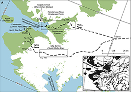 Fig. 2 Overview of the study area. A: Highlighting the TUTO and NUTO ramps, as well as place names in the vicinity of Pituffik (Klimadatastyrelsen 2024a). The black dashed line represents the traverse routes. B: Mile markers on the overland traverses from the NUTO and TUTO ice-sheet approaches (Benson 1962). Reproduced from the U.S. Corps of Army Engineers.