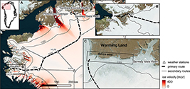 Fig. 3 Overview of the traverse route from Pituffik to Warming Land, with ice-sheet surface velocities overlaid on a visible SPOT 6 satellite image mosaic of 10 m spatial resolution for the region from July 2020 (Solgaard & Kusk 2022; Solgaard et al. 2021; Klimadatastyrelsen 2024). Potential route extensions linking secondary ice-sheet science sites in the area are also shown. Secondary ice-sheet science sites are denoted thus: HUM for Humboldt, CEN for the Camp Century, NEM for the North Greenland Eemian Ice Core (NEEM) and SIGMA-A for the Snow Impurity and Glacial Microbe in the Arctic site (Matoba et al. 2018; Vandecrux et al. 2023).