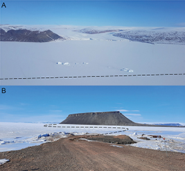 Fig. 6 Views to the traverse. A: Oblique aerial photograph of land-fast ice within Uummannap Kangerlua (Wolstenholme Fjord) on 22 May 2018. Naajat Sermiat (Chamberlin Glacier) in the background. Photo: William Colgan. B: Photograph of the land-to-sea transition maintained at Pituffik harbour on 17 May 2022. Uummannaq (Dundas Fjeld) in the background. Photo: William Colgan. The location of the photos is depicted in Fig. 2. The black dashed line represents the traverse route.
