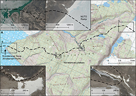 Fig. 7 Map of a primitive road on the Nunatarsuaq plateau between Nunatarsuup Nuua (Kristiansen Point) and the ice-sheet margin. A: Topographic map of the entire road length with suspected washouts of the roadbed indicated in red (Klimadatastyrelsen 2024a). B: Visible image at landfall, Nunatarsuup Nuua. C: Visible image of the NUTO ice ramp. D: Detailed visible image of a road segment in good condition. E: Detailed visible image of a road segment likely eroded by a river crossing. All visible satellite images are SPOT 6 images from July 2020 (Klimadatastyrelsen 2024b). The black dashed line represents the traverse route.