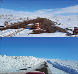 Fig. 8 View of the traverse. A: Photograph of a relatively elevated portion of the TUTO access road that remains snow-free in the spring (27 May 2023). Photo: William Colgan. B: Photograph of a relatively depressed portion of the TUTO access road where spring snow depth is >1 m (31 May 2023). Photo: William Colgan. The location of the photos is depicted in Fig. 2.