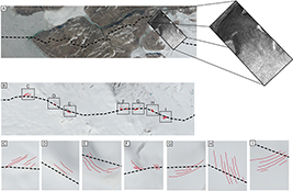 Fig. 10 Crevasse hazards along the NUTO and TUTO approaches. A: No crevasses are evident in the ablation area segment of the NUTO approach, even in TanDEM-X radar imagery from April 2022 with a 6 m resolution. B: Ablation area crevasse hazards along the TUTO approach in visible SPOT 6 satellite imagery from July 2020 with a spatial resolution of 1.6 m (Klimadatastyrelsen 2024b). The red lines in insets C–I denote crevasses that intersect the TUTO approach. The black dashed line represents the traverse route via both NUTO and TUTO approaches.