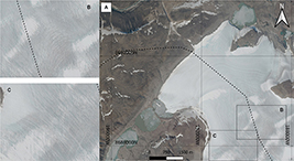 Fig. 11 Assessing potential hazards along the NUTO Ramp. (A): Visible band SPOT 6 satellite image of 1.6 m spatial resolution of NUTO Ramp in July 2020 (Klimadatastyrelsen 2024b). The black dashed line represents the traverse route. Locations of inset images are shown. B: Highlights crevasse traces intersected by supraglacial streams. C: Highlights supraglacial streams only.