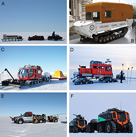 Fig. 13 Photographs highlighting the light traverse vehicles itemised in Table 2. A: Snowmobile. Photo: William Colgan. B: Weasel. Photo: Wikimedia Commons. C: Pisten Bully. Photo: Patrick Smith. D: Tucker SnoCat. Photo: Patrick Smith. E: Arctic Truck. Photo: Patrick Smith. F: Sherp. Photo: Henrik P.Ø. Lassen.