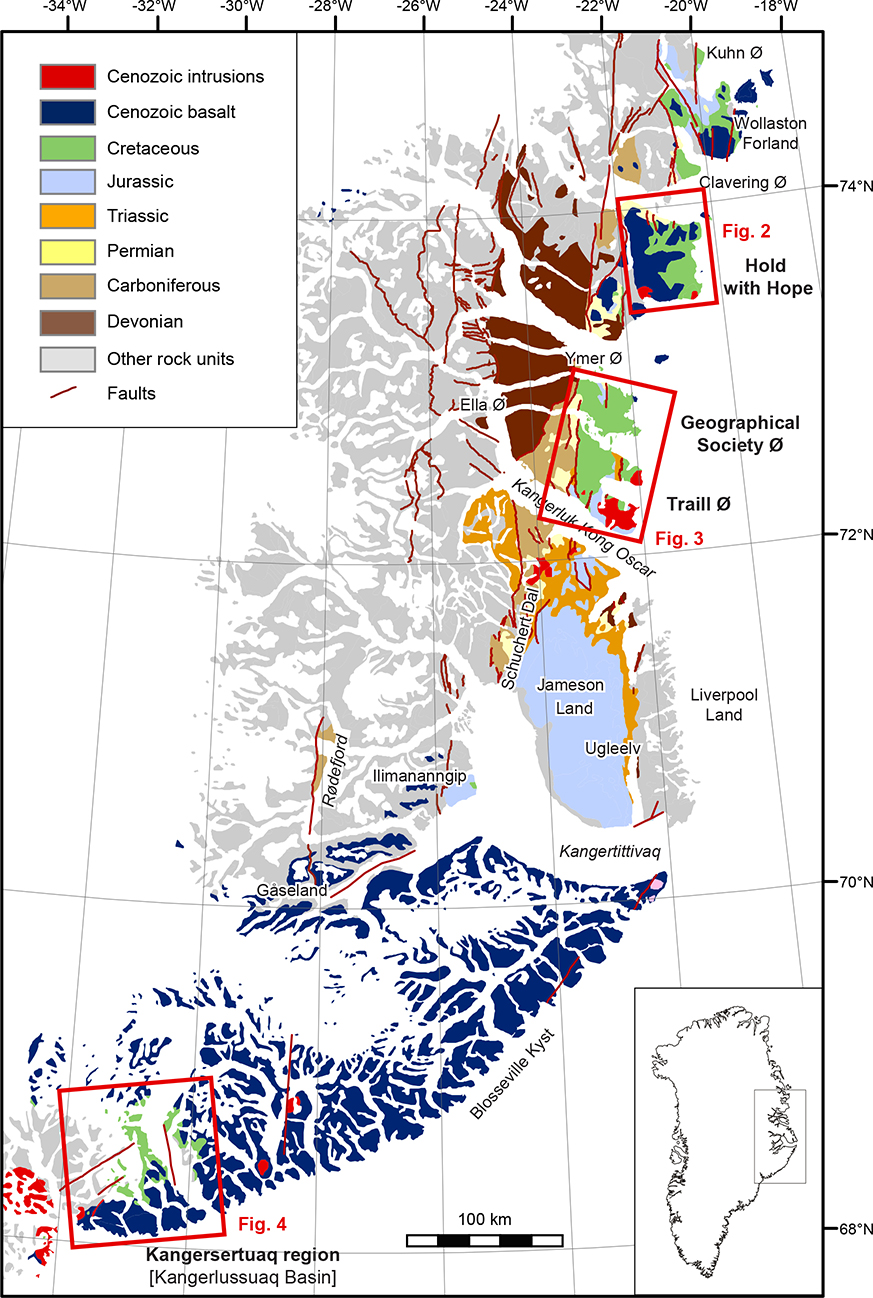 Fig. 1 Geological overview of the study area in East and North-East Greenland. The areas shown in Figs 2 to 4 are indicated by red frames. From north to south, these are Hold with Hope, Geographical Society Ø and Traill Ø, and the Kangerlussuaq Basin (Kangersertuaq region)