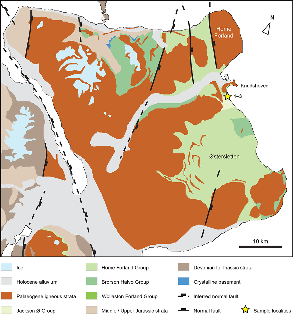 Fig. 2 Geological overview map of Hold with Hope, North-East Greenland. Localities where ammonites were collected are indicated by a yellow star and are numbered from north to south. The three localities here are too closely spaced to display them separately at scale