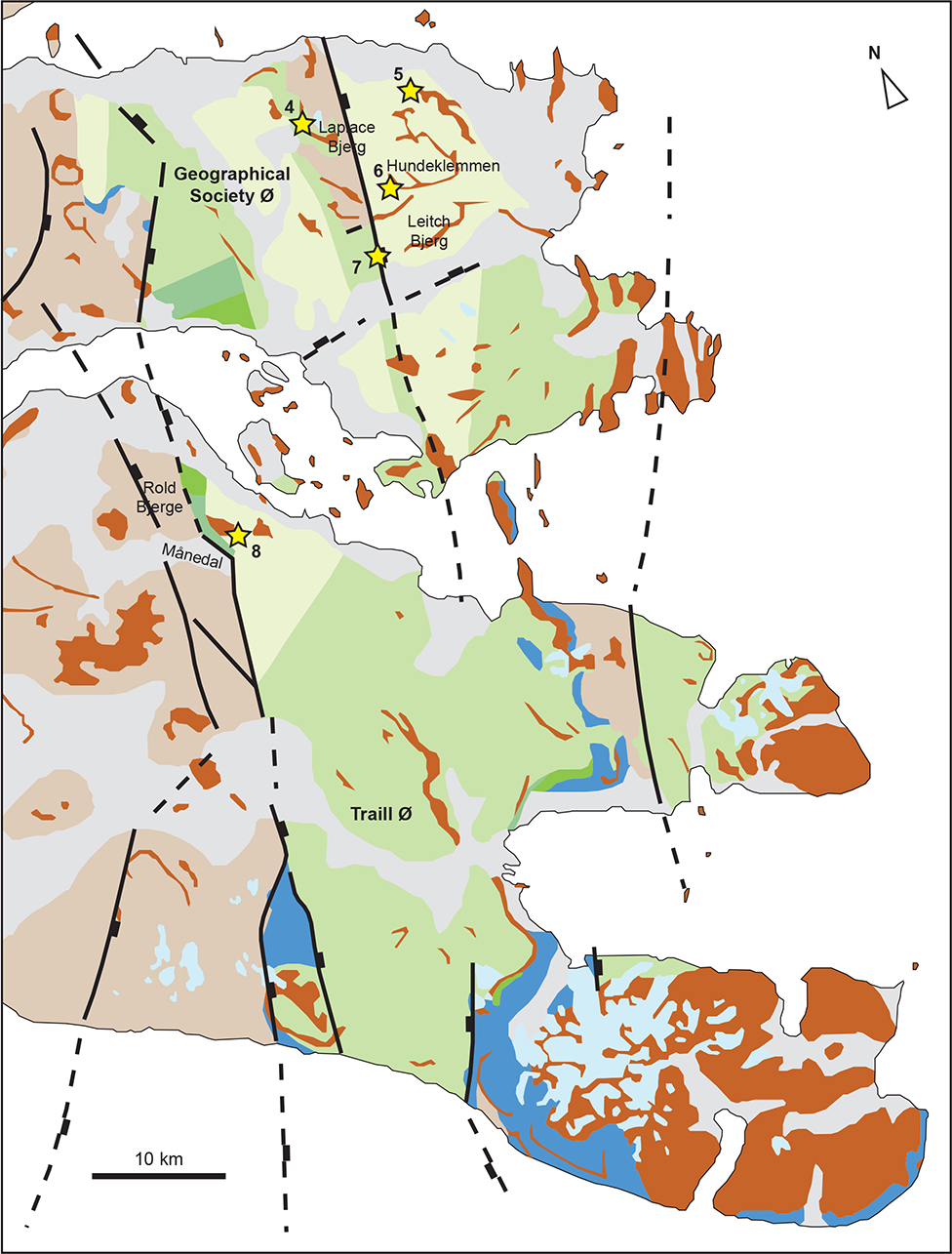 Fig. 3 Geological overview map of Geographical Society Ø and Traill Ø, North-East Greenland. Localities where ammonites were collected are indicated by yellow stars and are numbered from north to south. See Fig. 2 for legend