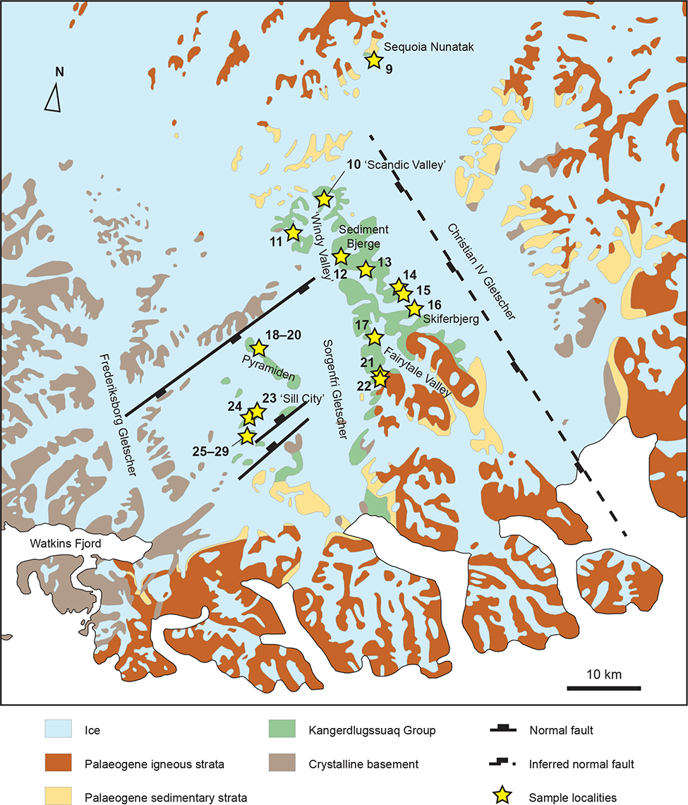 Fig. 4 Geological overview map of the Kangerlussuaq Basin (Kangersertuaq region), East Greenland. Informal place names are given in quotation marks. Localities where ammonites were collected are indicated by yellow stars and are numbered from north to south