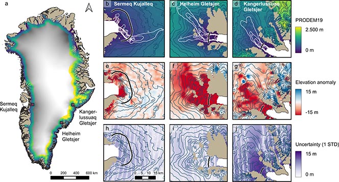 Fig. 1 (a) Overview of the PRODEM coverage (coloured area); red boxes indicate the three regions shown in b–j. Background (greyscale) is ArcticDEM. (b–j) PRODEM19 for the three largest outlet glaciers: Left panel: Sermeq Kujalleq. Middle panel: Helheim Gletsjer. Right panel: Kangerlussuaq Gletsjer. Thin blue lines are PRODEM19 contour lines. Thin white lines in b–d depict isolines of average ice surface velocity (m/day; Solgaard et al. 2021). Thick black lines indicate PROMICE flux gates (Mankoff & Larsen 2020). Top row: PRODEM19 elevation. Middle row: PRODEM19 elevation anomalies relative to ArcticDEM. Bottom row: The spatially varying uncertainty (1 standard deviation) associated with the PRODEM19 elevation fields.