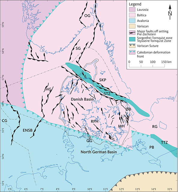 Major tectonic terranes in the crust below the Central European Basin System. The WNW–ESE-trending Sorgenfrei–Tornquist Zone (STZ) and Teysseire–Tornquist Zone (TTZ) along the northern margin of have been active repeatedly since the Late Carboniferous. The East North Sea Block (ENSB), Ringkøbing–Fyn High (RFH) and the Møn High (MH) are aligned sub-parallel to these zones and separate the Danish Basin from the southern part of the basin system. The WNW–ESE-trending structural elements are cut by approximately N–S-trending basins: Oslo Graben (OG), Skagerrak Graben (SG), Horn Graben (HG), Central Graben (CG), Glückstadt Graben (GG), Øresund Basin (ØB) and Rønne Graben (RG) shown on the map (modified from Berthelsen 1998; Scheck-Wenderoth & Lamarche 2005; Pharaoh et al. 2010). The Skagerrak–Kattegat Platform (SKP) bounded by the Sorgenfrei–Tornquist Zone and the Skagerrak Graben constitutes the northern margin of the Danish Basin.