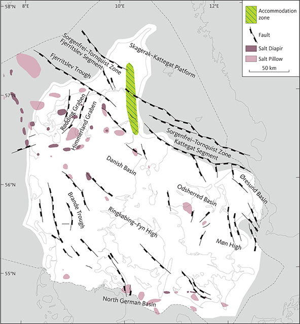 Mapped major structural elements within the study area based on the present study. Major faults at the top pre-Zechstein surface. Salt structures mapped in the study area show the relation to the major structural elements, i.e. faults. For more detailed maps showing additional faults at the top pre-Zechstein surface, see Vejbæk (1997) and Nielsen (2003). Fig. 3 was combined with maps by Vejbæk (1997) and Nielsen (2003) to reach the conclusion that most salt structures in the study area are related to faults at the top pre-Zechstein surface. The Sorgenfrei–Tornquist Zone Kattegat Segment is bounded to the south by the Grenå-Helsingborg Fault (e.g. Kamla et al. 2014).