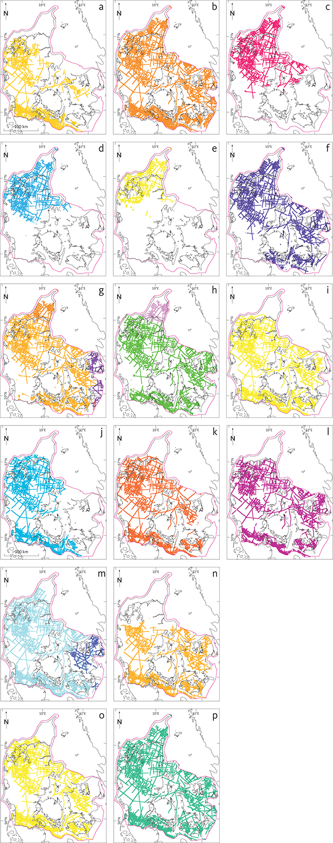 Distribution of the investigated units within study area. Seismic interpretation of the units is shown as coloured lines. (a): Top Unit B (Chalk Group). (b): Top Unit C (Lower Cretaceous units). (c): Top Unit D1 (Frederikshavn Formation). (d): Top Unit D2 (Børglum and Flyvbjerg Formations). (e): Top Unit D3 (Haldager Sand Formation). (f): E1 (Fjerritslev Formation). (g): Unit E2 (Gassum Formation*). (h): Unit F1 (Vinding Formation shown as green and Skagerrak Formation shown as purple). (i): Unit F2 (Oddesund Formation). (j): Unit F3 (Tønder Formation). (k): Unit F4 (Falster Formation). (l): Unit F5 (Ørslev Formation). (m): Unit F6 (Bunter Sandstone Formation). (n): Unit F7 (Bunter Shale Formation). (o): Unit FN (Skagerrak Formation). (p): Unit G (Zechstein Group). * In the Skagerrak–Kattegat Platform and Sorgenfrei–Tornquist Zone, the seismic horizon representing the top of unit E2 (shown with a dark orange colour) ties approximately with the transgressive surface, TS11 of Nielsen (2003), in North German Basin. In most of the Danish Basin it ties approximately with TS9 (shown as a light orange colour) and in the Øresund Basin the top of unit E2 (shown as dark purple colour) ties approximately with TS15.