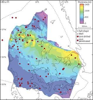 Isochore map of seismic unit B (the Chalk Group). The Chalk Group is truncated by erosion in the northern and eastern part of the study area (see Fig. 9).