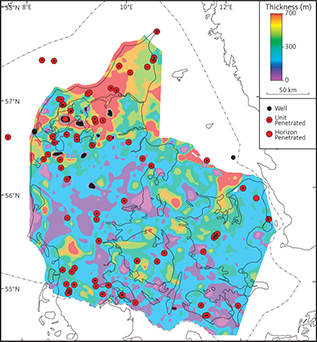 Isochore map of unit C (Lower Cretaceous). Salt structures penetrating the unit are indicated in black shading.