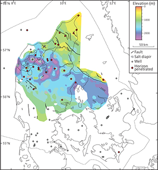 Depth to the top of seismic unit D1 (Frederikshavn Formation).