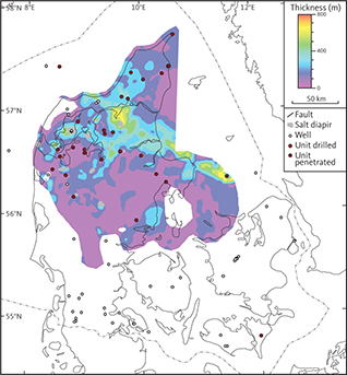 Isochore map of seismic unit D1 (Frederikshavn Formation).