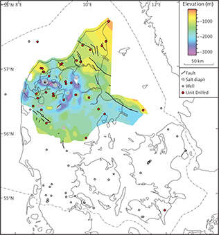 Depth to the top of seismic unit D2 (Børglum and Flyvbjerg Formations).