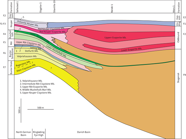 Schematic profile S–N showing the relation between the Triassic lithostratigraphic units of Michelsen & Clausen (2002) and the corresponding seismic units, F1–F7 and FN, used in this study.