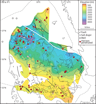 Depth to near top Triassic. The map is composed by merging top unit FN (Skagerrak Formation) located to the north of the white line on the figure and top unit F1 (Vinding Formation) located to the south of the white line.