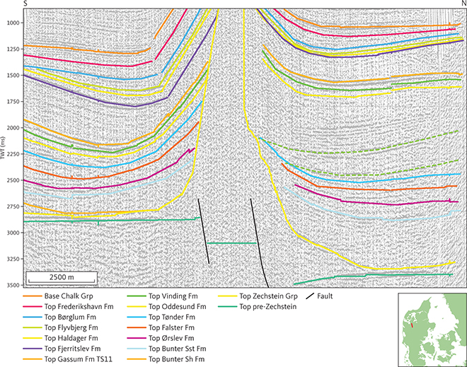Seismic section (E7904) across the Sevel salt diapir at the southern boundary fault of Rødding Graben. Note the position of the salt diapir immediately above the two basement faults and large thickness change across the diapir of both unit E1 (Fjerritslev Formation) and unit F2 (Oddesund Formation; see Section 3.5.3). Stippled horizons occur within unit F2 north of the diapir and correspond approximately with the O2.1 and O2.3 salts in the Oddesund Formation. Inserted map shows the location of the profile.
