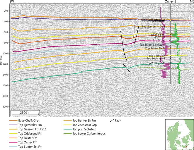 Seismic section 8102 is tied to the Ørslev-1 well and shows unconformities truncating the Fjerritslev and Oddesund Formations and Lower Cretaceous Carbonates drilled in the Ørslev well. The gamma ray and sonic logs are shown as purple and green lines, respectively, on either side of the Ørslev-1 well path, with highest values closest to the well trace. DNB: Danish Norwegian Basin. Inserted map shows the location of the profile.
