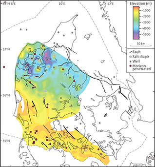 Depth to the top of seismic unit F3 (Tønder Formation). Salt structures penetrating the unit are indicated in grey.