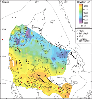 Depth to the top of seismic unit F4 (Falster Formation).