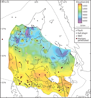 Depth to the top of seismic F5 unit (Ørslev Formation).