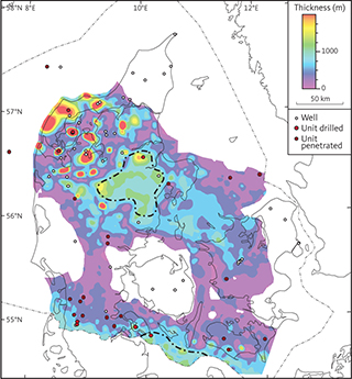 Isochore of unit G (Zechstein Group). The area marked by a stippled black line in central Jylland is characterised by fairly constant thickness of the Zechstein Group and the absence of indications of salt mobilisations and may be representative of original thickness of the group.