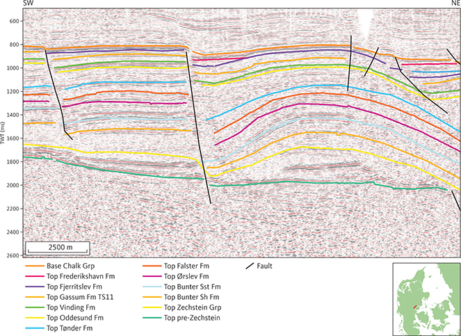 Seismic section DNJ-16. Onlaps in Zechstein saltroller to the SW and salt pillow to the NE. Inserted map shows the location of the profile.