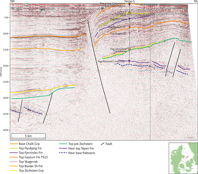 Seismic section (ADK84-110) through the site of the Terne-1 well. Inserted map shows the location of the profile.