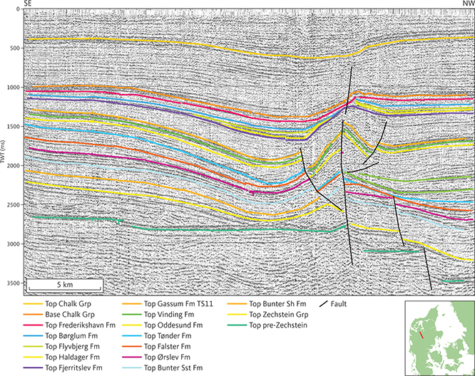 Seismic section (PHDD009) illustrating salt mobilisation in the southern part of the Danish Basin.