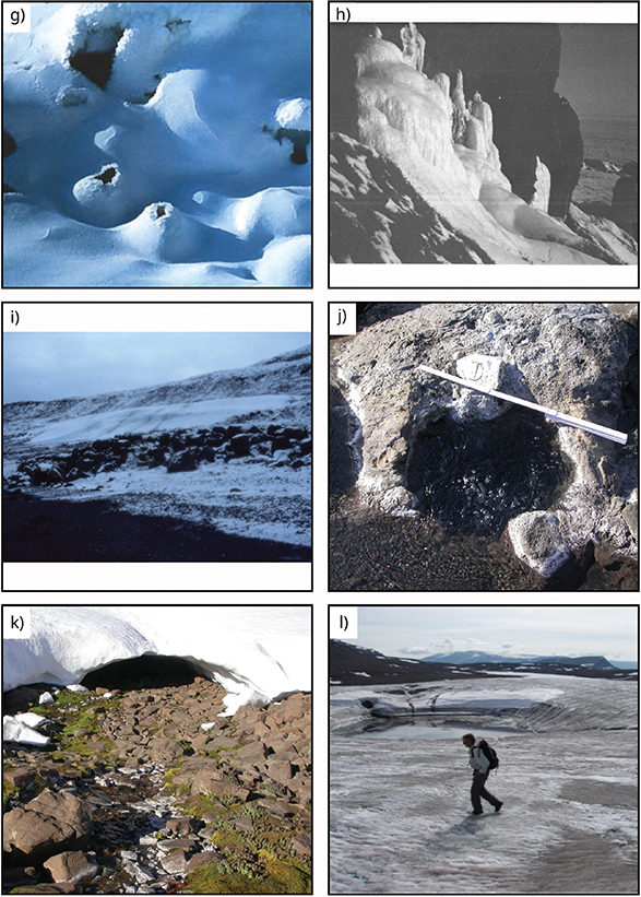 Click to Enlarge View Fig. 2 Overview of spring types. (a): Uunartoq surface pool in South Greenland (Photo: Michael Kühl). (b): Spring water emerging from rock face at Uunataaji near Ittoqqortoormiit in central East Greenland (Photo: Grimur Björnsson). (c): Hot spring emerging out of a hillside in Nørrefjord in central East Greenland with mineral precipitates on the surrounding stones and with the spring bed covered by colorful bacterial mats (Photo: Michael Kühl). (d): Green moss near Ittaajimmiit cold spring in central East Greenland (Photo: Grimur Björnsson). (e): Kvan from Sullorsuaq on Qeqertarsuaq in central West Greenland (Photo: Ylva Sjöberg). (f): Cyanobacterial mats at Knighton Fjord, central East Greenland (Photo: Michael Kühl). (g): Chimney structure in snow from the Uunartorsuaq spring on Qeqertarsuaq in 2000 (Photo: Kristensen 2000). (h) and (i): Seersinneq icing in Serminnguaq on Qeqertarsuaq (Photo: Jon Feilberg). (j): Thermal spring in the intertidal zone in Qalaattiviip Kangersiva (Rømer Fjord) in central East Greenland. The spring is covered by seawater at high tide, and the effluent water contains many gas bubbles, which can also be seen reaching the seawater surface at high tide (Photo: Michael Kühl & Søren Rysgaard). (k): A hot spring emerging from under a patch of snow-cover at the coastline of Qalaattiviip Kangersiva (Photo: Michael Kühl & Søren Rysgaard). (l): Surface depressions on a small glacier at the end of Giesecke Dal on Qeqertarsuaq are hypothesised to be associated with subglacial spring (Photo: Ole Bennike).