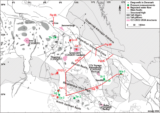 Fig. 4 Structural outline showing major tectonic elements, locations of key wells and CO<sub>2</sub> storage-relevant structures. Fault patterns and salt diapir locations highlighted as they influence reservoir compartmentalisation and pressure transmission. Abbreviations: Ga-1: Gassum-1. Gr-1: Grindsted-1. Hø-1: Hønning-1. Lø-1: Løgumkloster-1. Ma-1: Margretheholm-1. St-5–19: Stenlille-5–19. Su-8: Suldrup-8. Sø-2: Sønderborg-2. Th-2: Thisted-2. Tø-1–3: Tønder-1–3. Location of the cross section and profile shown in Fig. 6 and 7 are marked as red annotated lines.