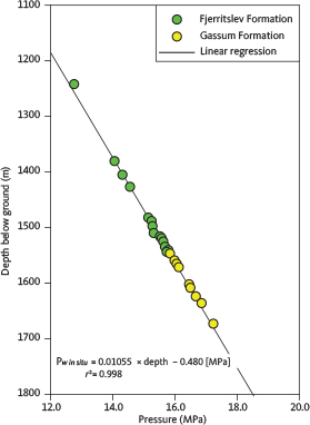 Fig. 11 Pore pressure (P<sub>w in situ</sub>) within permeable sands in the lower Fjerritslev and upper Gassum Formations in the Stenlille-5 well (Dansk Naturgas 1989).