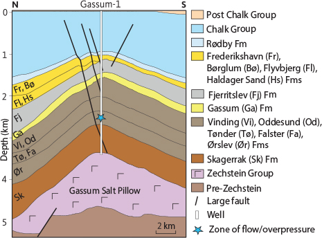 Fig. 12 Simplified geological cross section through the Gassum Structure with indication of approximate position of flow zone. For location, see Fig. 4. Modified from Gregersen et al. (2025).