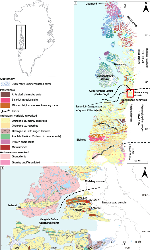 Fig 1 Geological overview of the study area. See Kokfelt et al. (2023) for full legend to base map. (a) Regional 1:500 000 scale geological map of Central West Greenland (Garde & Hollis 2010; Kokfelt et al. 2023) highlighting the Nunatarsuaq domain. NAC: North Atlantic craton; PIC: Prøven igneous complex (Garde & Hollis 2010). Subdivisions of orogenic suites are as follows: southern and central Nagssugtoqidian orogen (Connelly et al. 2000; Korstgård et al. 2006; Mazur et al. 2006), northern Nagssugtoqidian orogen (Garde & Hollis 2010; Mazur et al. 2012), northern Disko Bugt area (Connelly et al. 2006), southern Karrat group (Guarnieri et al. 2023), PIC (Dziggel et al. 2025). (b) Local geological map of the Nunatarsuaq domain showing sample sites (Kokfelt 2024) and P–T estimates from this study.