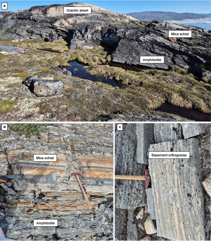 Fig 2 Images exemplifying the rocks of the Nunatarsuaq domain. (a) View of the Nunatarsuaq domain showing amphibolite and mica schists intruded by concordant to weakly discordant pink granitic sheets that are locally folded and boudinaged. (b) Distinct alternating layers of rusty-weathering mica schists and dark amphibolite, with individual layers varying from 5 to 40 cm in thickness. (c) Strongly sheared basement orthogneiss.