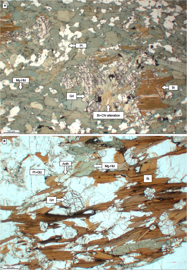 Fig 3 Plane-polarised optical images of thin sections. (a) Fractured and altered garnet porphyroblast including chlorite alteration of biotite, surrounded by amphibole band in thin section of amphibolite sample 576232. (b) Small garnet grains in matrix composed of quartz, plagioclase, biotite and amphibole in the mica schist sample 576265. Grt: Garnet. Bi: Biotite. Pl: Plagioclase. Qtz: Quartz. Anth: Anthophyllite. Mg-Hbl: Magnesio-Hornblende.
